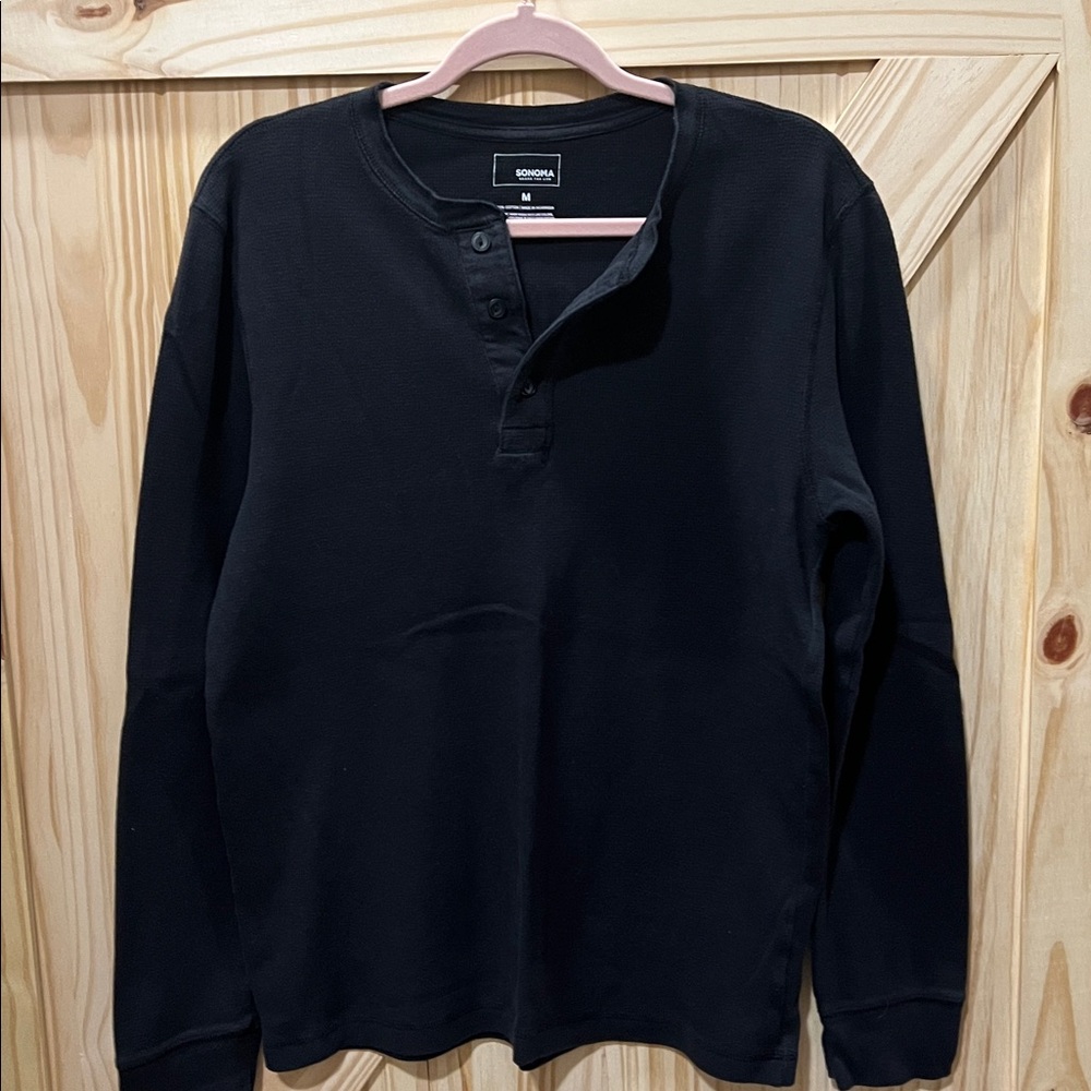 Sonoma Black Cotton Knit Henley